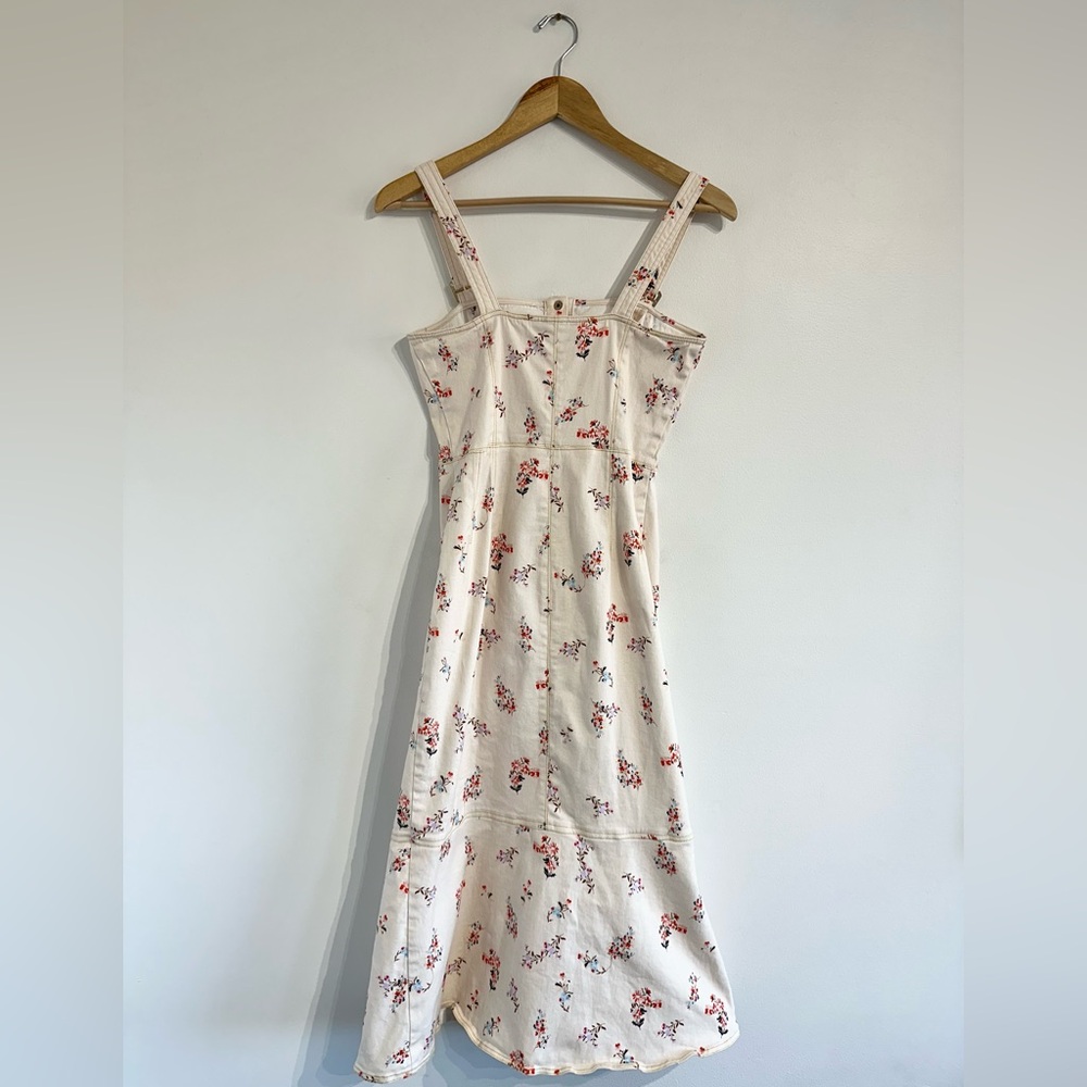 Finders Keepers Frankie Midi Dress in Nude Floral snap button front overalls - Picture 3 of 11